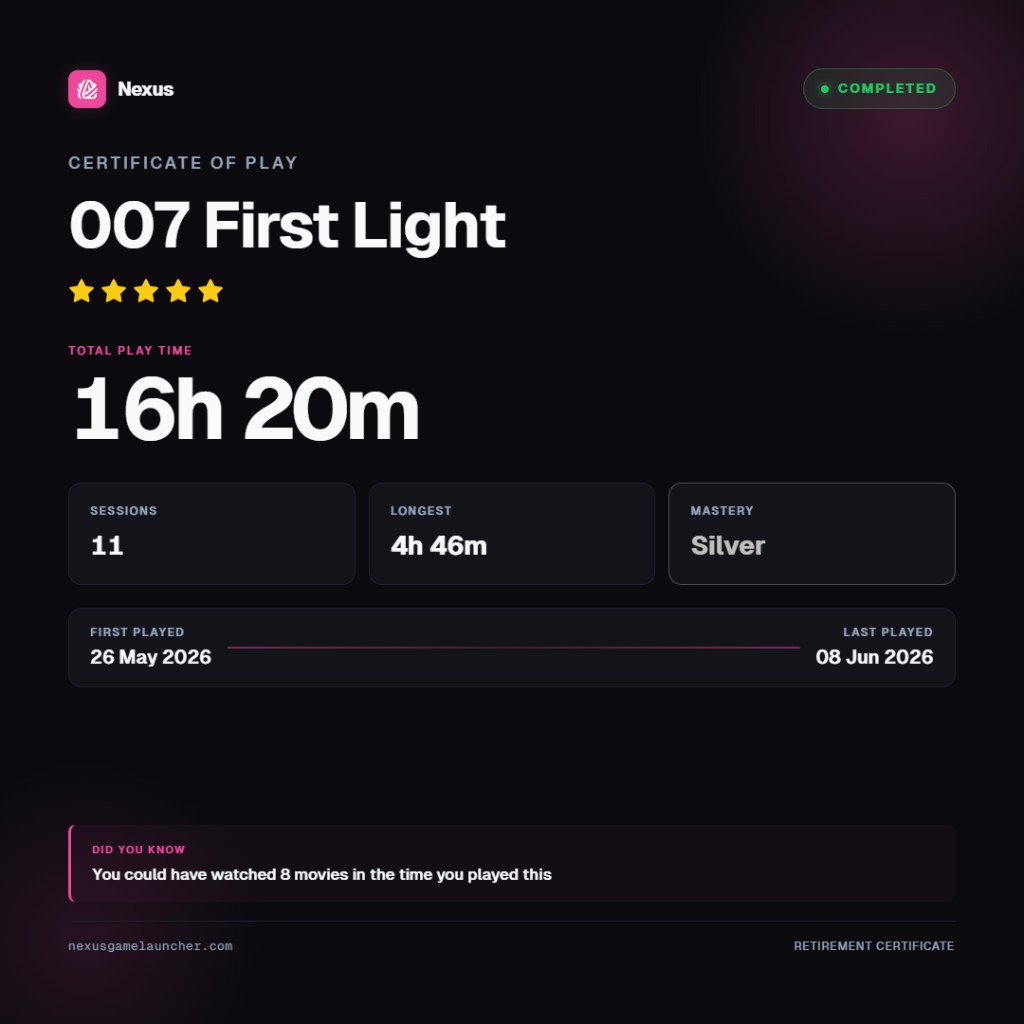 Certificate of Play for 007 First Light
