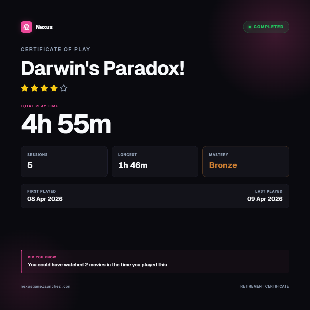 Certificate of Play for Darwin's Paradox!
